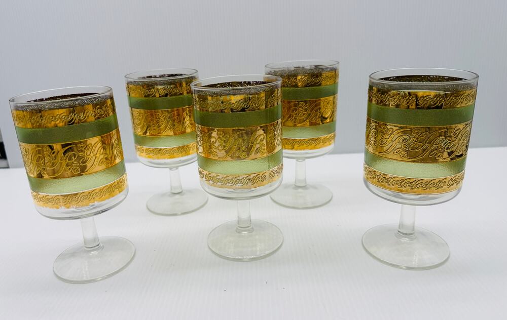 4 Vintage Culver Starlyte Green & 22k Gold Cordial Stemmed Glasses Goblets